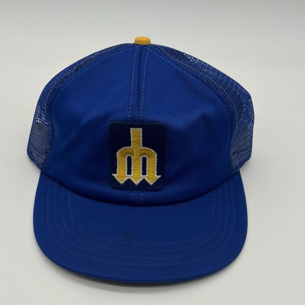 Vtg 80s Seattle Mariners Trident Trucker Hat Snapback Made in USA Blue MLB Cap